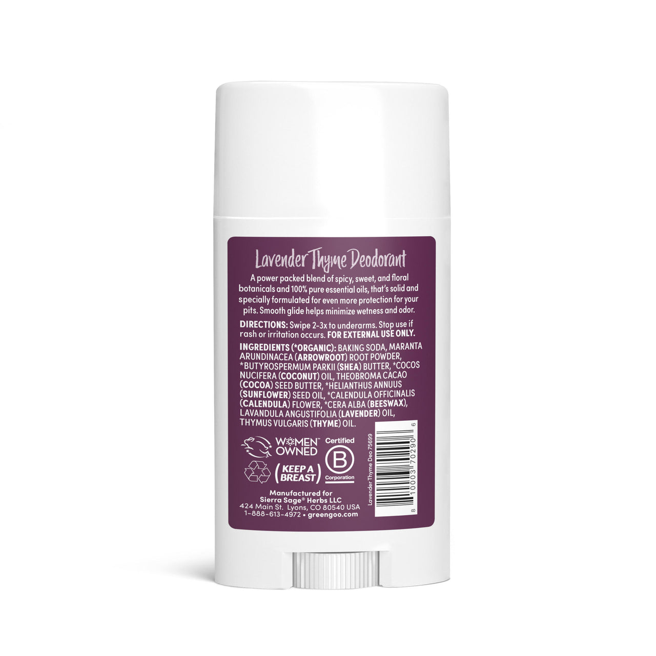 Lavender Thyme Solid Natural Deodorant with Baking Soda