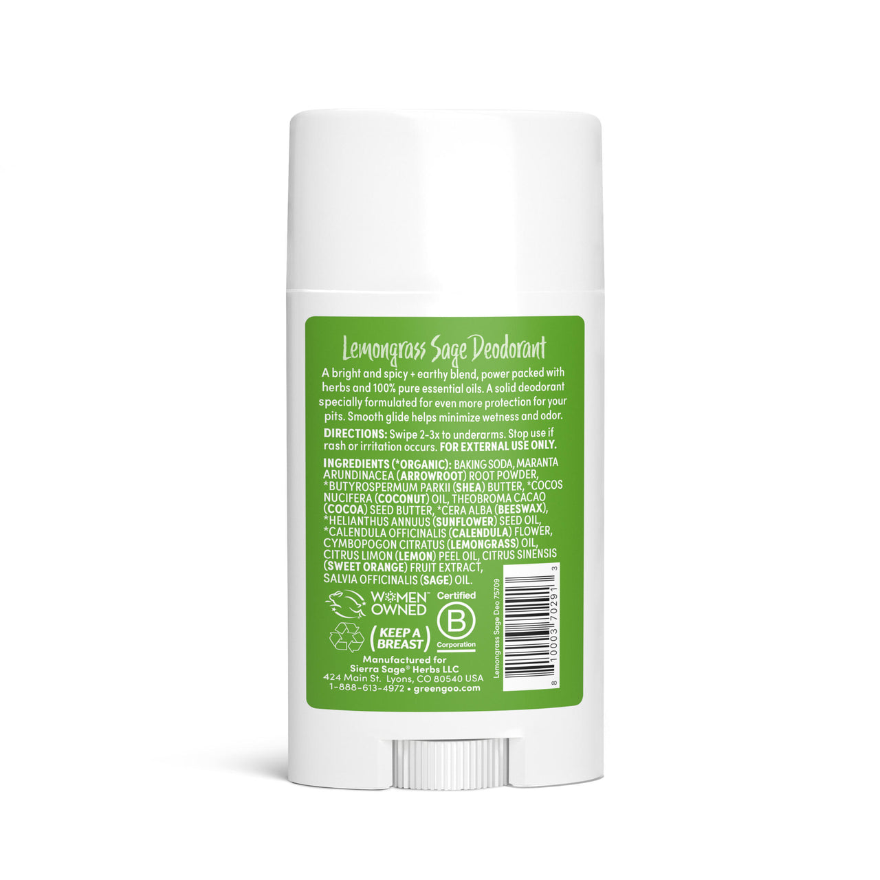 Lemongrass Sage Solid Natural Deodorant with Baking Soda