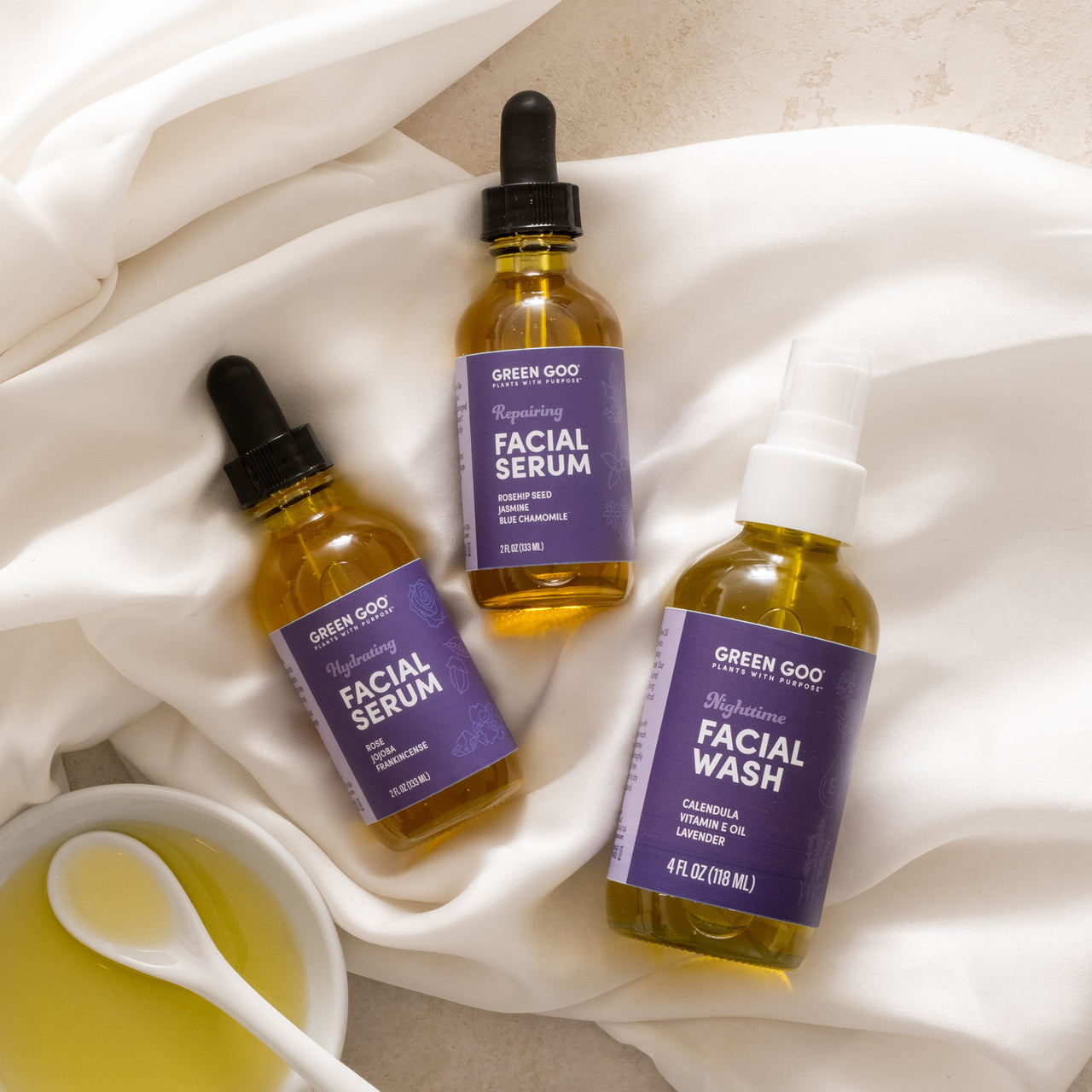 Green Goo's Sierra Sage Sleep Secrets Gift Set includes an oil-based facial wash and two facial serums--repairing and hydrating.