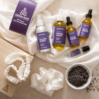 Thumbnail for Green Goo's Sierra Sage Sleep Secrets Gift Set includes an embossed wooden collector's box, oil-based facial wash, pillow spray, two facial serums, a sleep roll-on, and exclusive, organic silk queen-sized pillowcase, scrunchie, and headband produced by The Silk Lady.